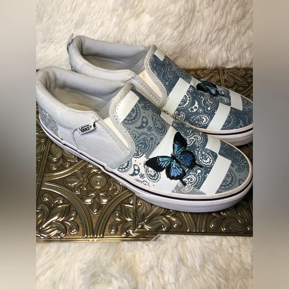 Vans Slip-On Patchwork Sneakers - White and Blue with Butterfly Missy 5 - Picture 9 of 16